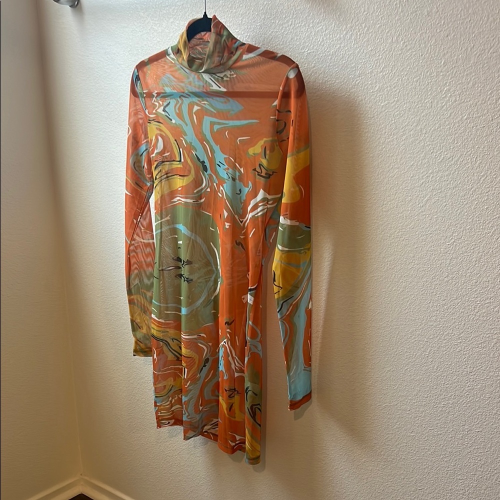 Long Sleeve Orange Multi-Print Midi Dress